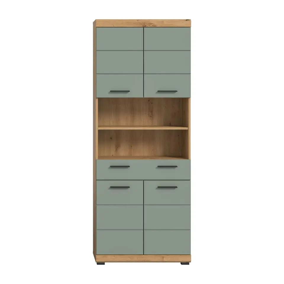 Hioshop Scout kolomkast 4 deuren- 1 lade- 2 planken salvie decor- eiken decor