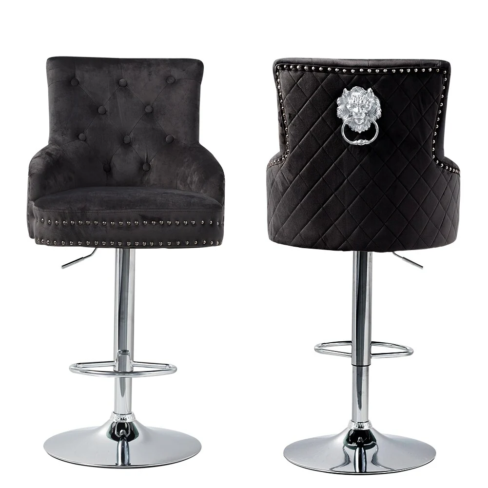 Swivel Tufted Velvet Bar Stool Adjustable with Lion Head Knocker