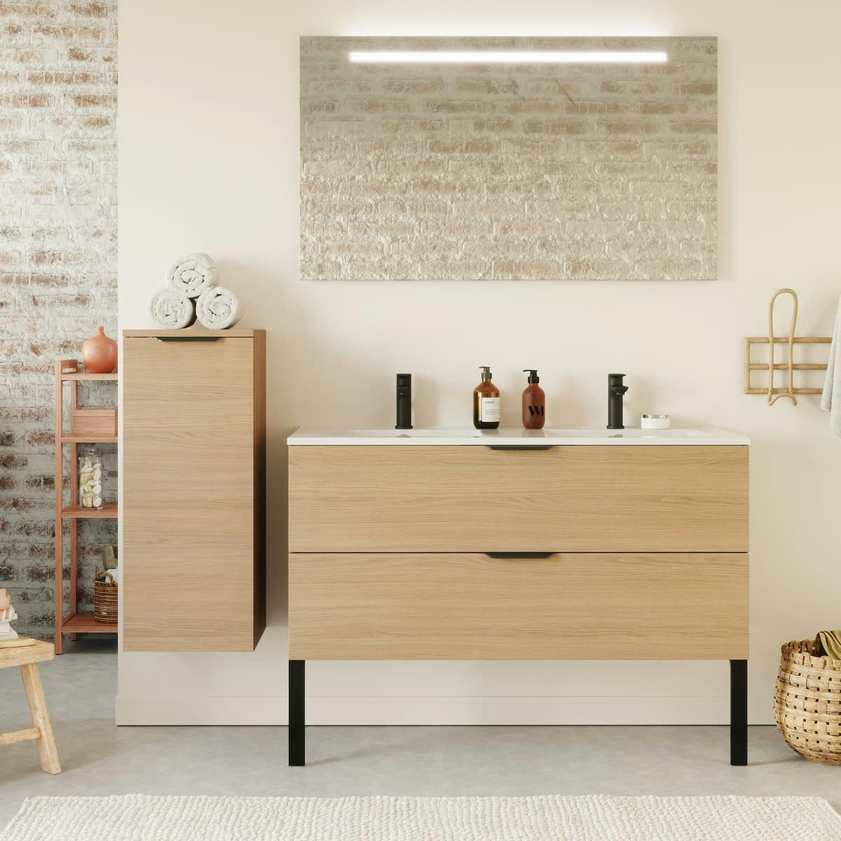 VENICE - Meuble salle de bain double vasque 120cm 2 tiroirs Chêne