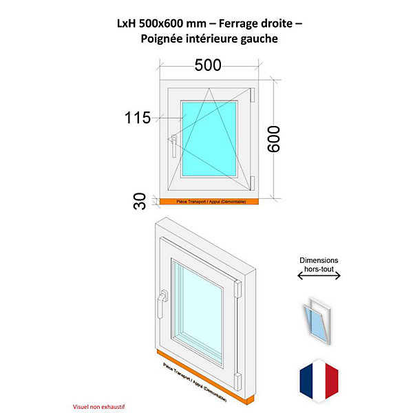 Fenêtre PVC - LxH 500x600 mm -Triple Vitrage - Blanc -poignée à gauche