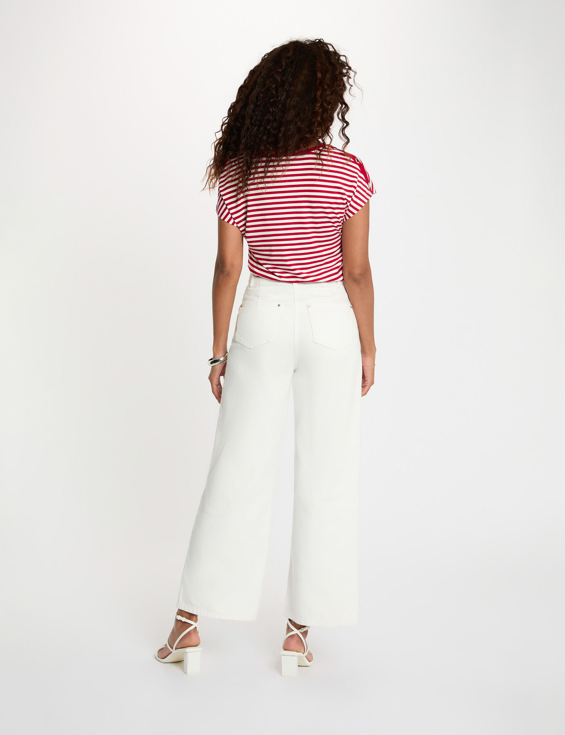 Striped V-Neck T-Shirt White Women