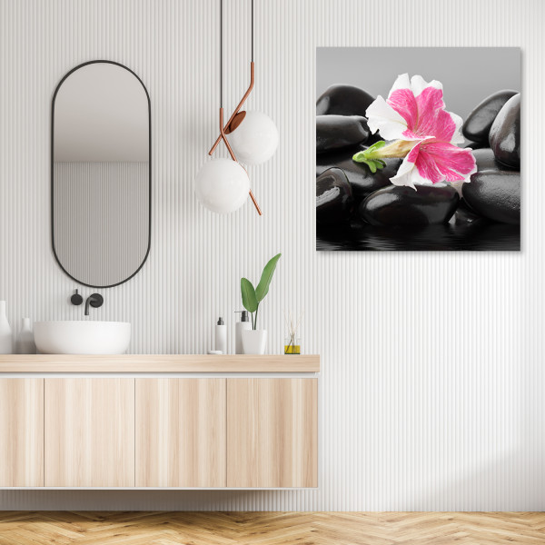 Feeby Obraz na płótnie, Różowy kwiat na kamieniach zen 30x30