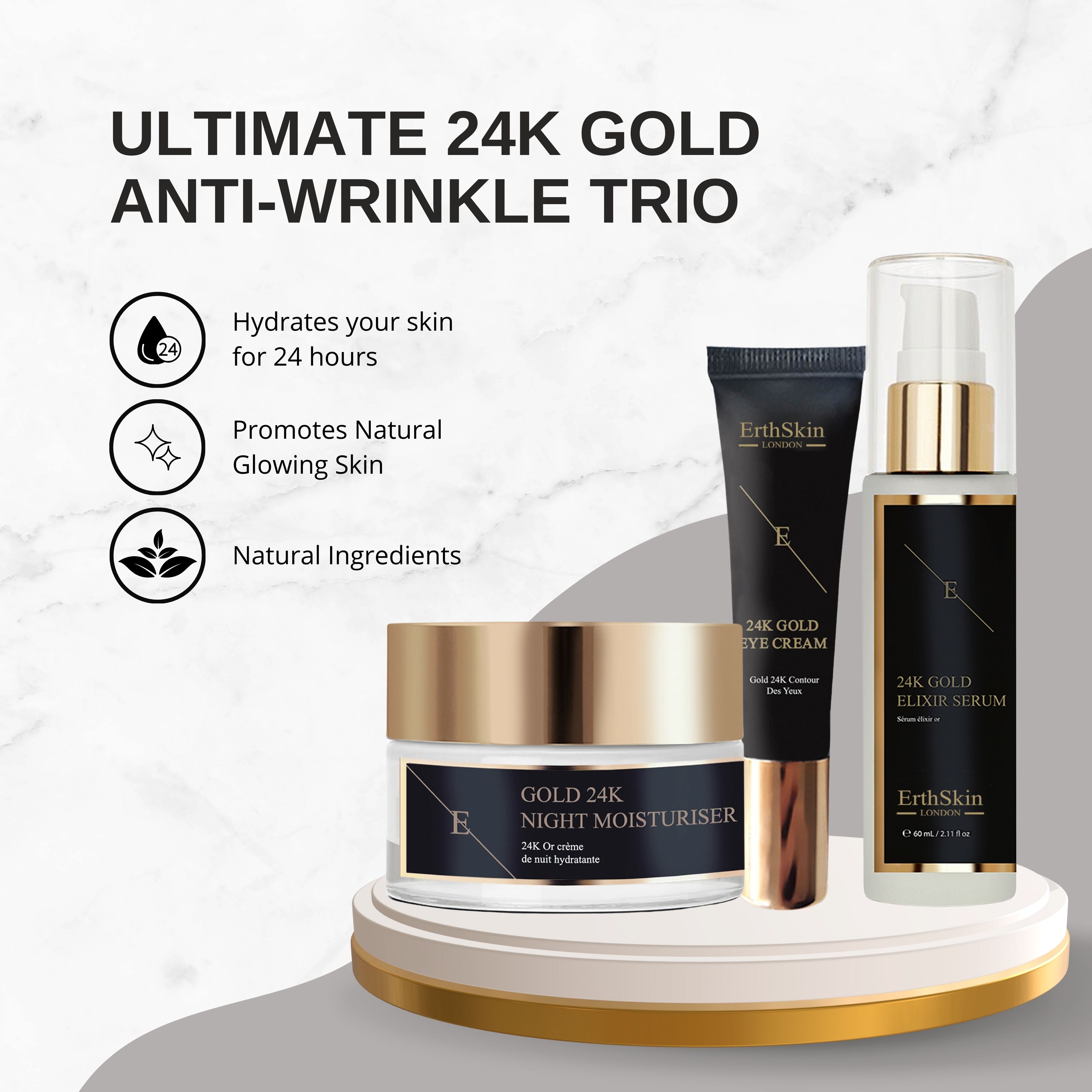 Erth Skin London 24K Gold Anti-Wrinkle Trio: Serum, Night Cream & Eye Cream