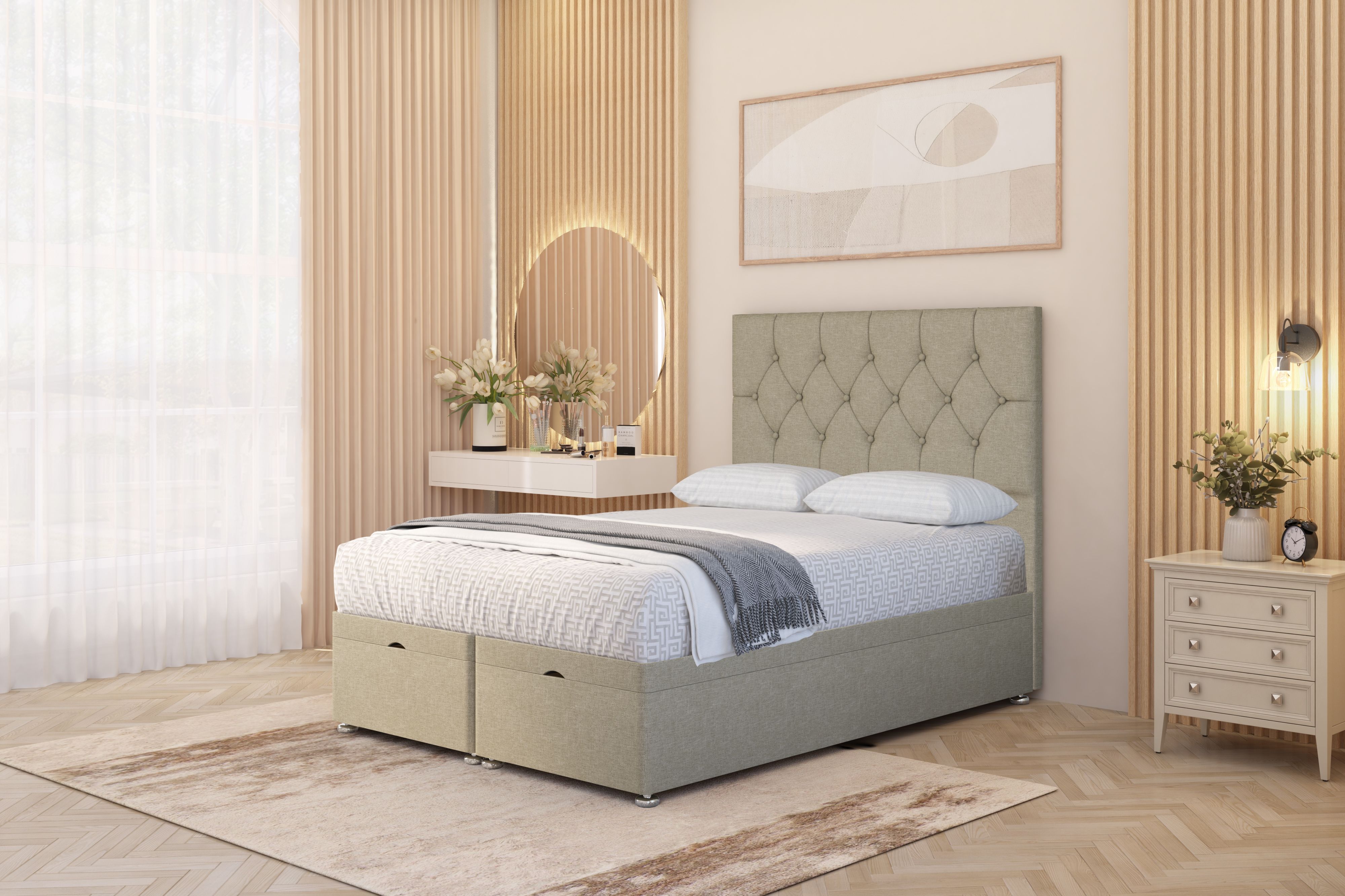 Somnior Ziggy Linen Fabric Ottoman Bed Base with Floor Standing Headboard