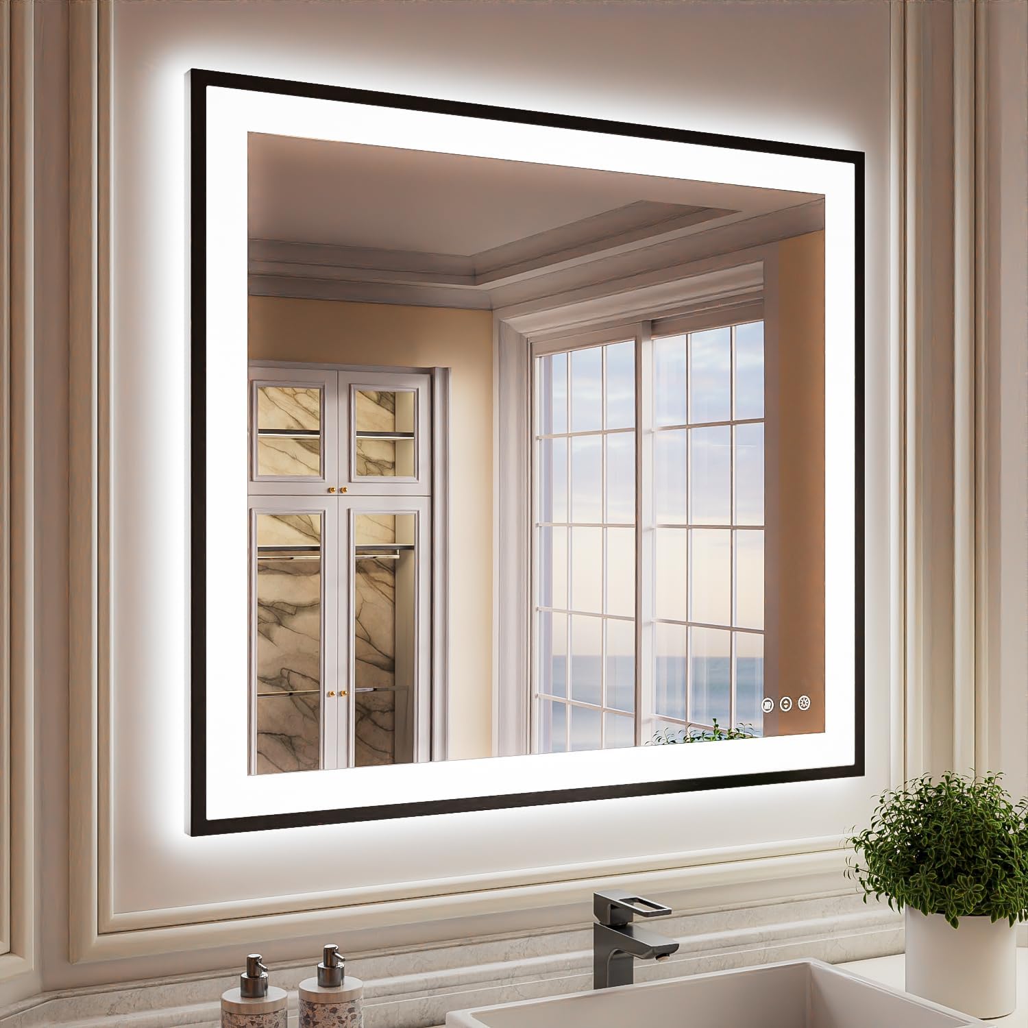 ISKM Framed LED Mirror for Bathroom 40x36, Dimmable LED Bathroom Mirror with Lights, Anti-Fog, Front and Backlit Lighted Mirror 3-Colors, Shatterproof, Memory Function