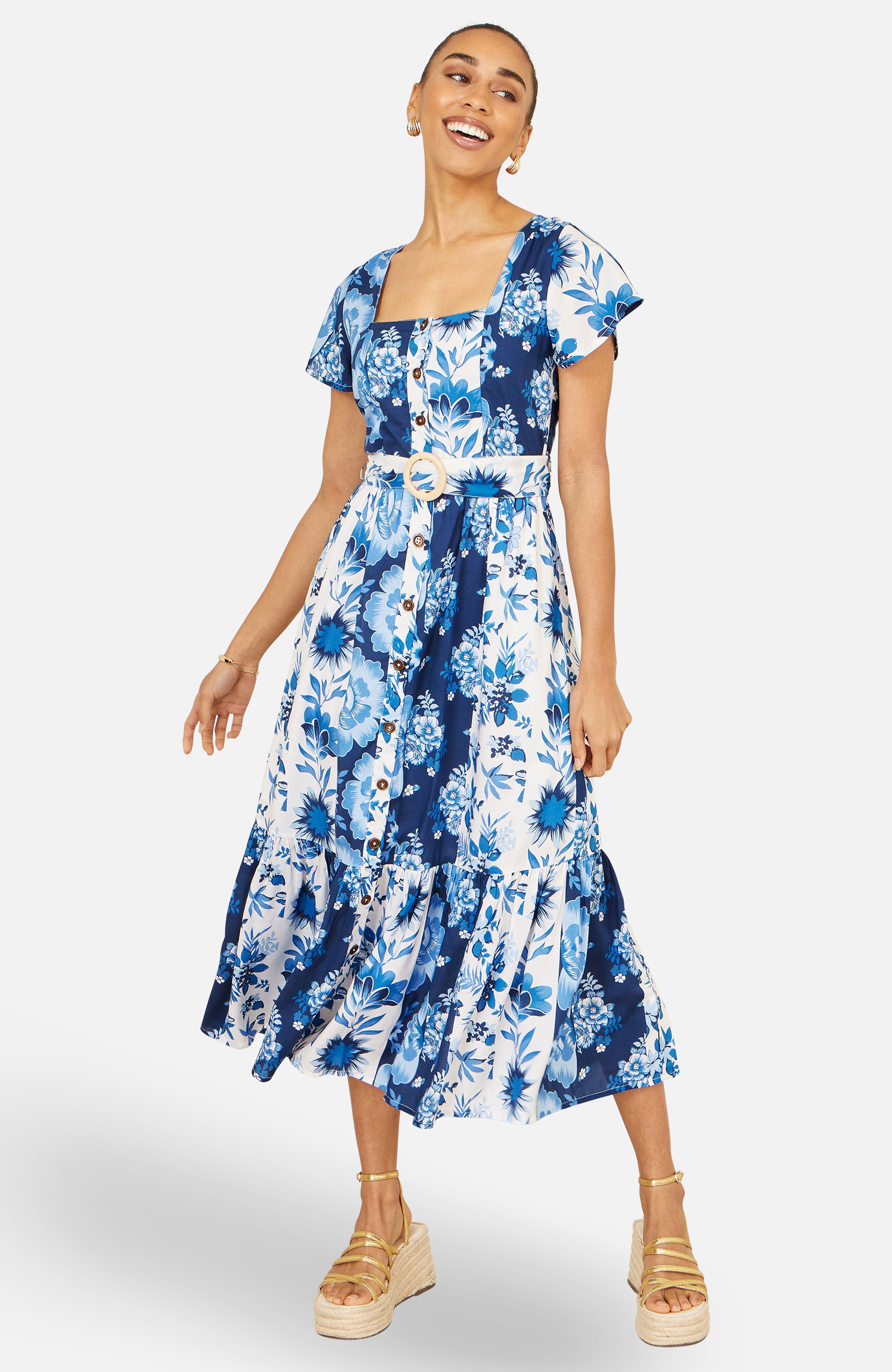 Yumi Floral Viscose Midi Shirt Dress With Matching Belt