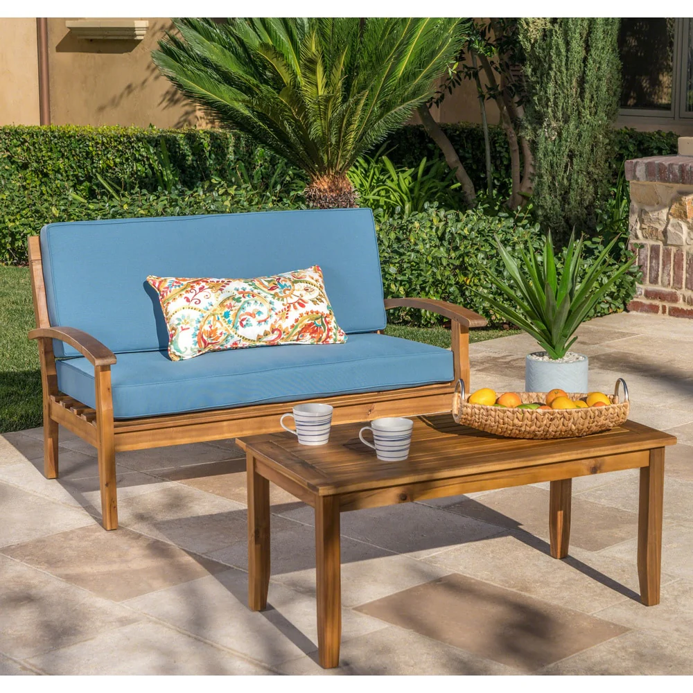 Peyton Outdoor Cushioned Acacia Wood Loveseat and Table Set by Christopher Knight Home