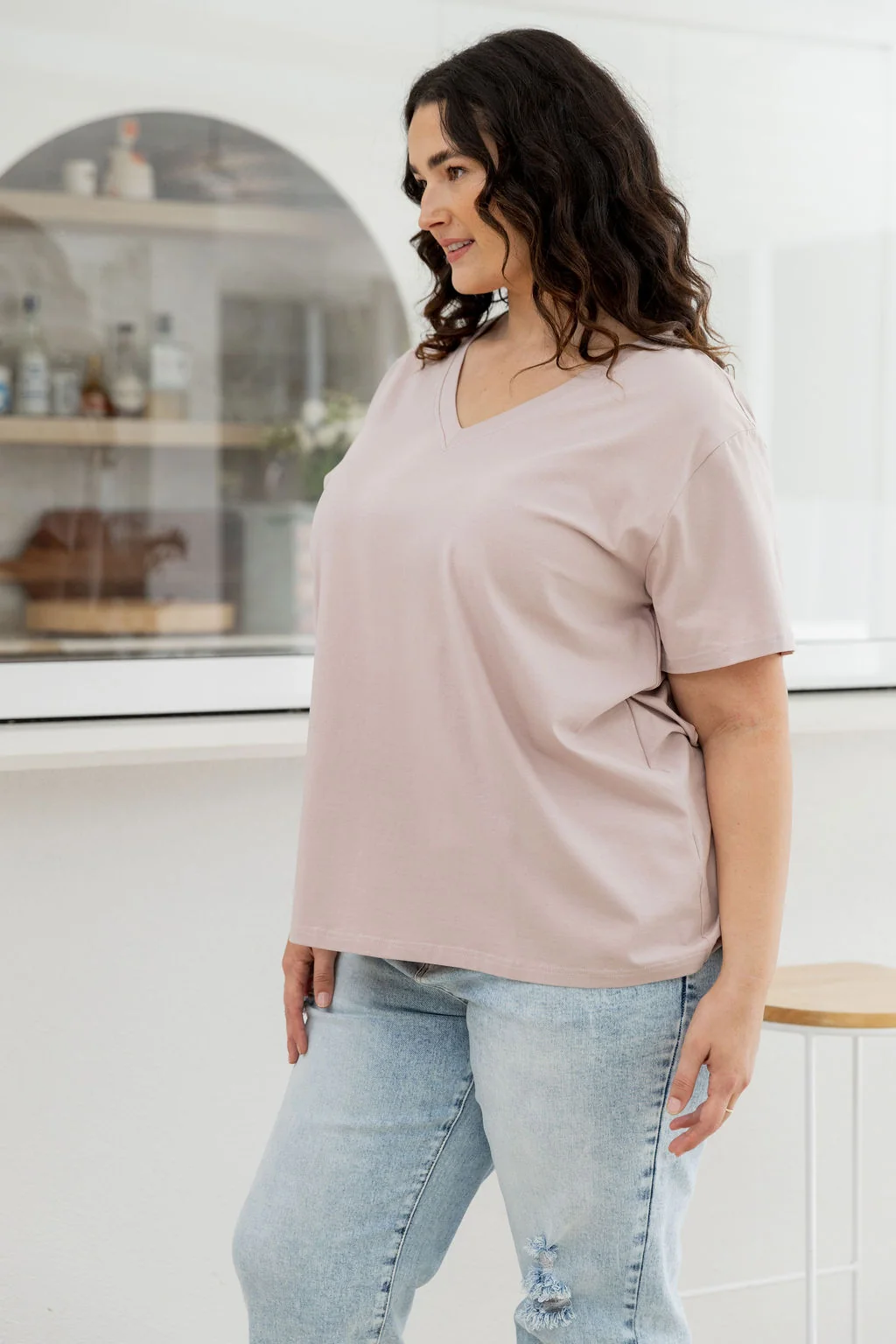 Relaxed V-Neck Tee in Latte