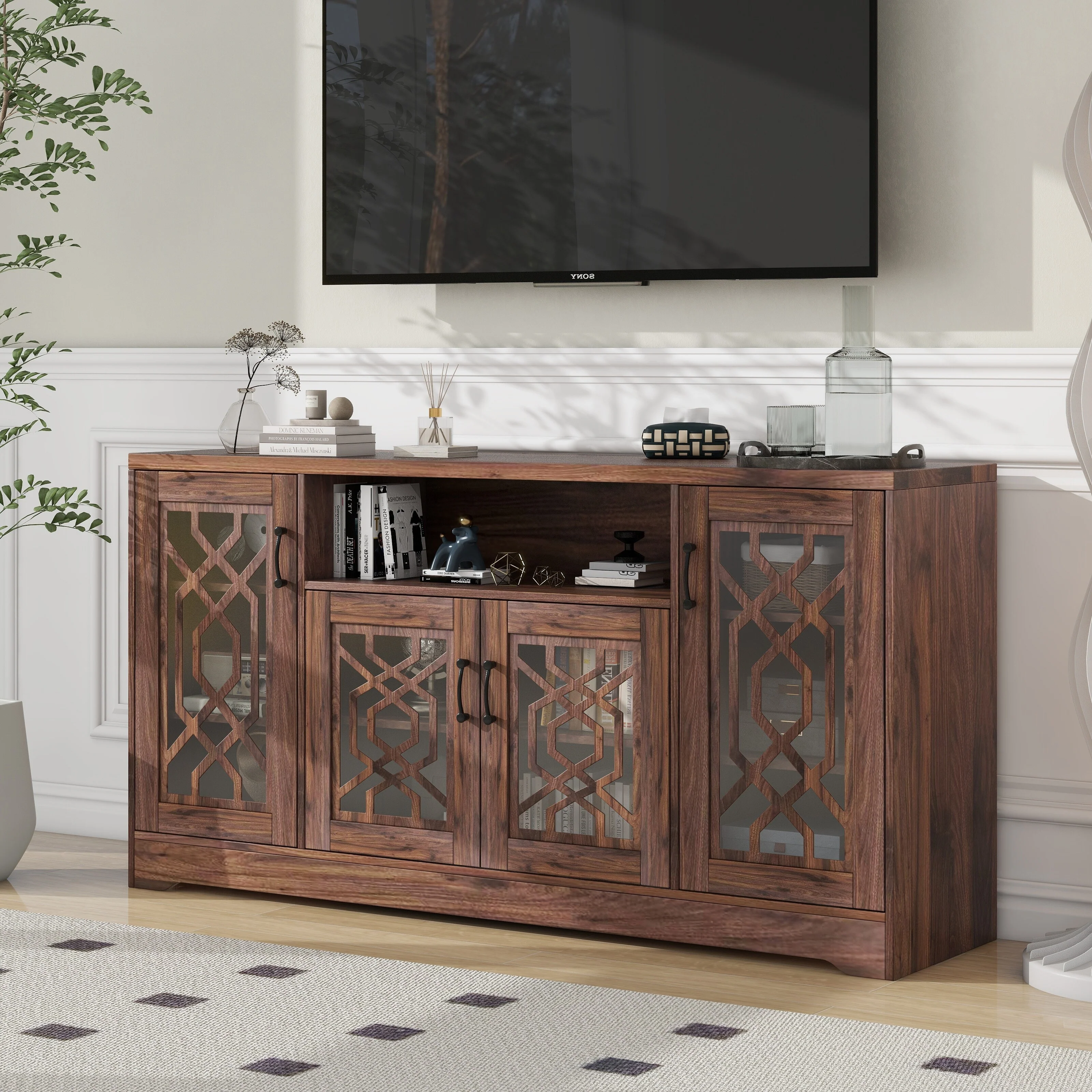 Modern 65+ Inch TV Stand, Rustic Wood Media Console with Ample Storage