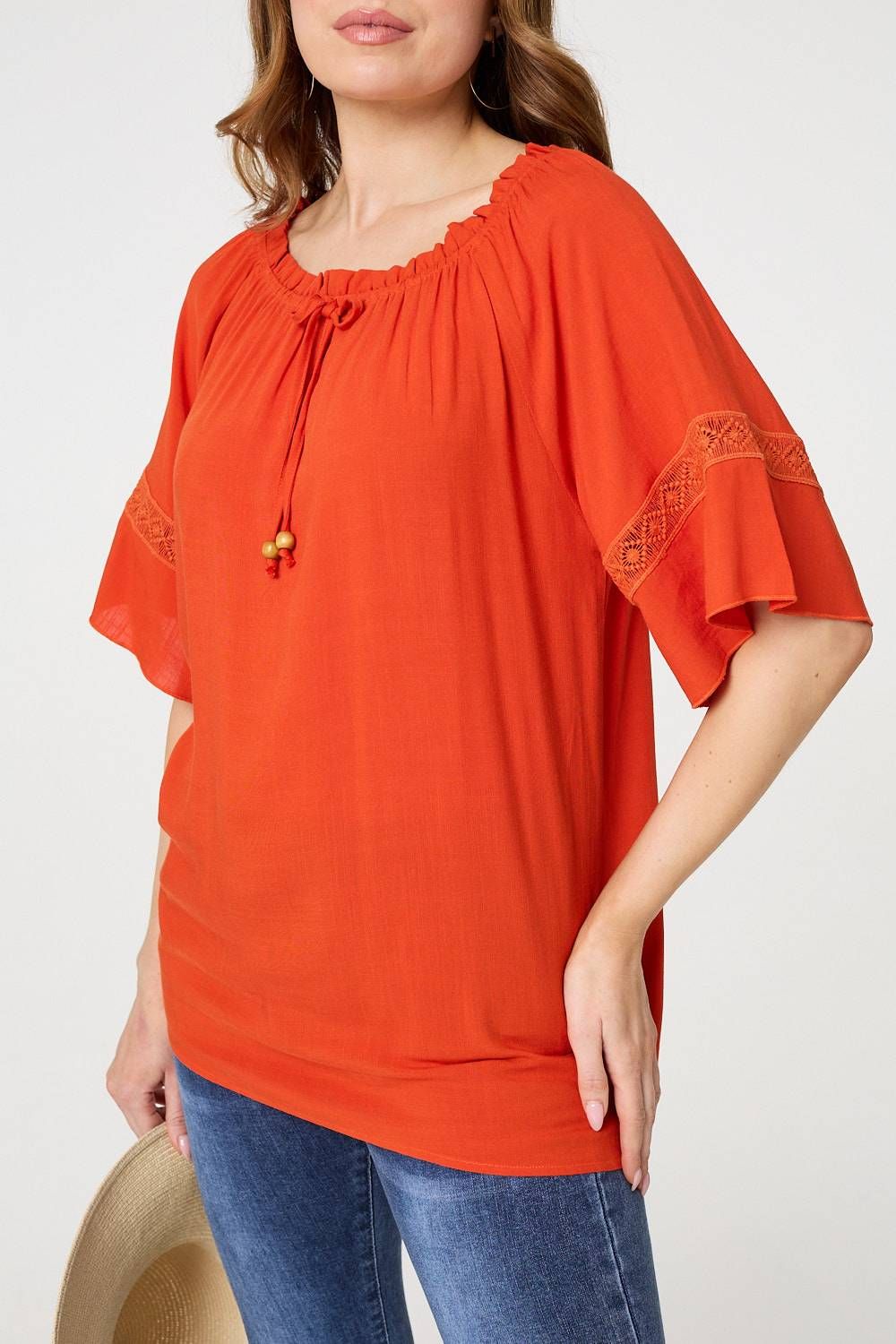 Izabel London Lace Trim Bardot Tie Neck 1/2 Sleeve Blouse