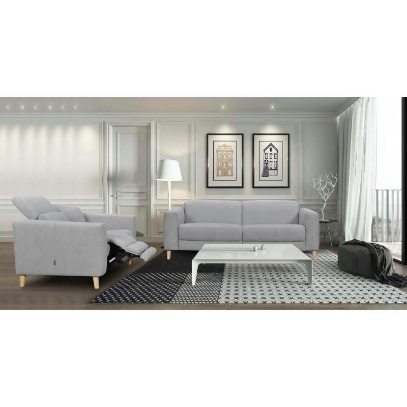 POLO - Canapé relaxation 2.5 places en tissu gris et pieds bois