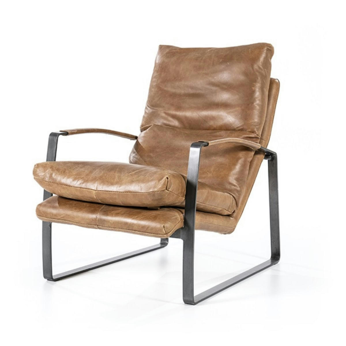 LUKAS - Fauteuil cuir vintage accoudoirs métal noir taupe