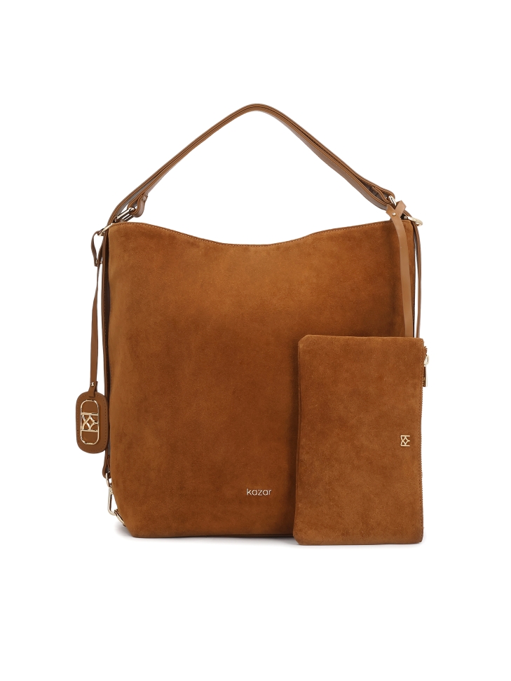 Suede handbag in light brown color with hand grip