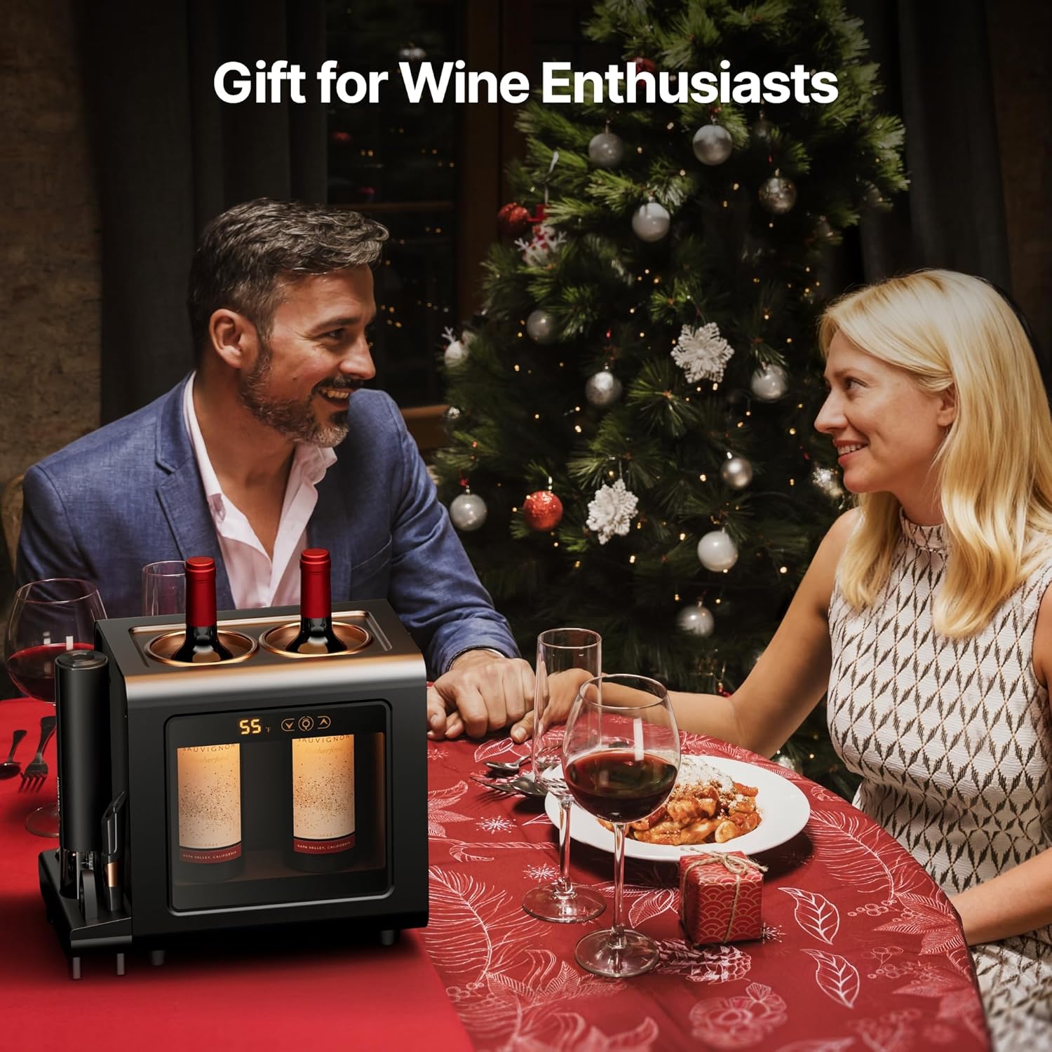 Ca'Lefort Electric Wine Chiller - 46-64°F Wine Cooler for 2 Standard Bottles (3.6 Dia.), All-in-1 Set Electric Opener & 2 Glasses, Perfect for Red, White, Champagne at Home/Office, Gift for Men Women