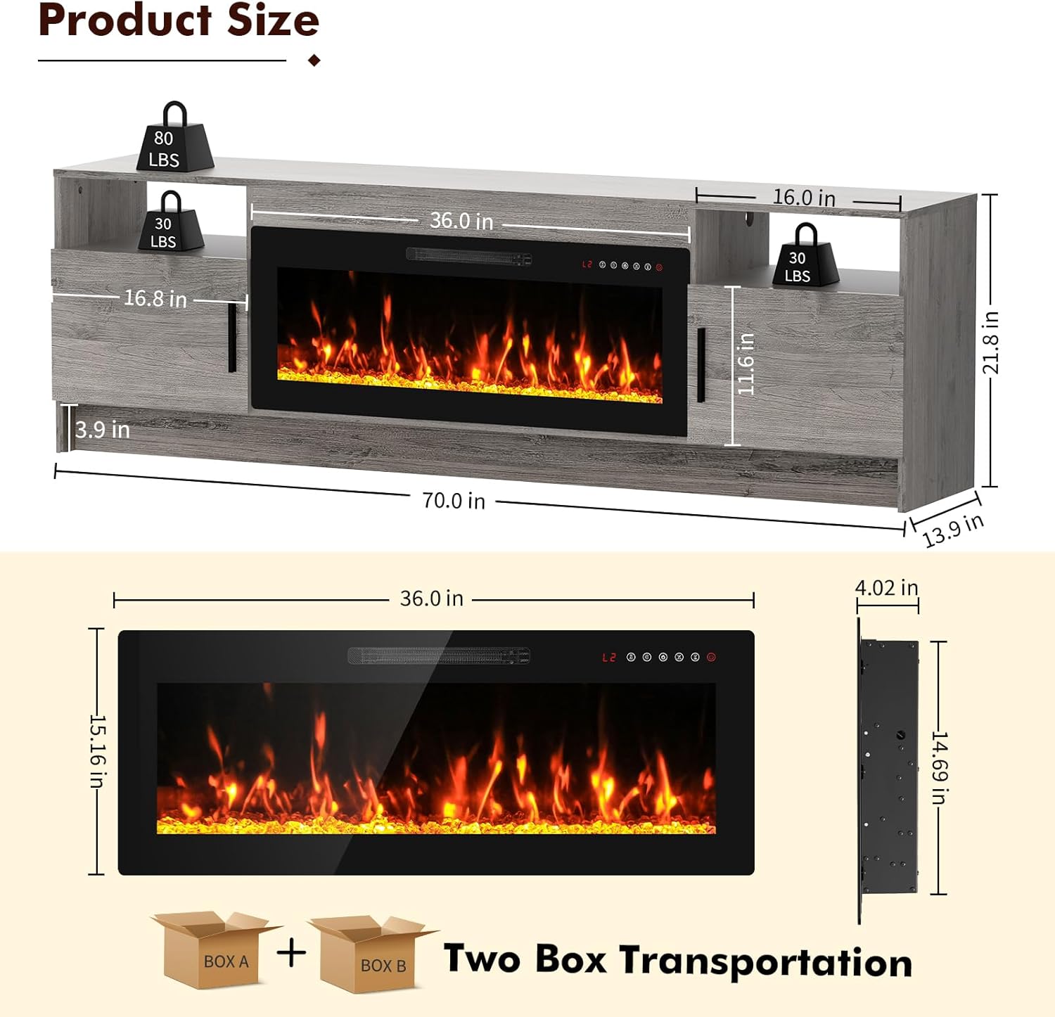 BREEZEHEAT 70 inch TV Stand with Fireplace-Led Entertainment Center for TVs Up to 80 Inch-Fireplace Console with Storage Cabinets, Metal Handles, Rustic TV Stand for Living Room-Grey