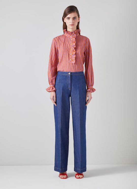 Camille Purple And Orange Gingham Cotton-Blend Blouse