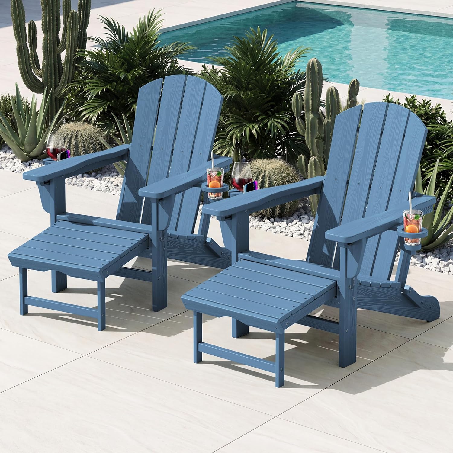 KINGYES Folding Adjustable Adirondack Chair with Retractable Ottoman  HDPE Recliner Adirondack Chair with Cup Holder  Blue