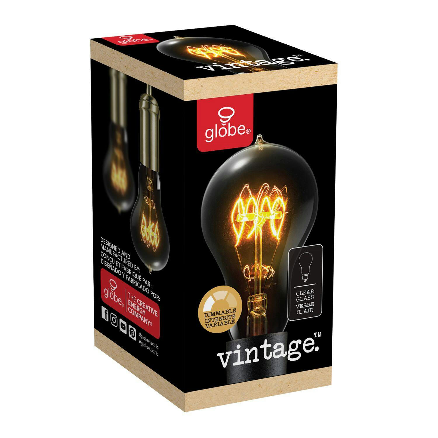 Globe Electric A19 E26 Base Vintage Dimmable Incandescent Filament Light Bulb, 60W
