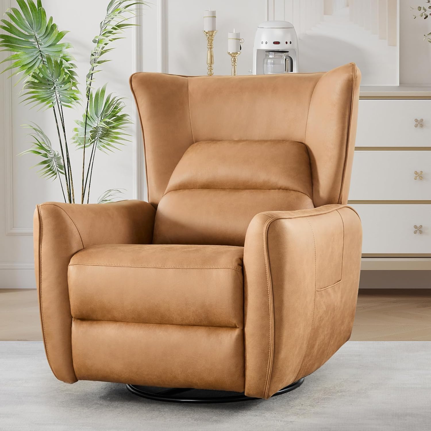 Bonzy Home 270° Swivel Power Recliner Chair, 30° Rocking Chair with Lumber Cushion and Highly Enveloping Backrest, Electric Reclining Home Theater Seat for Nursery, Bedroom, Living Room, Brown