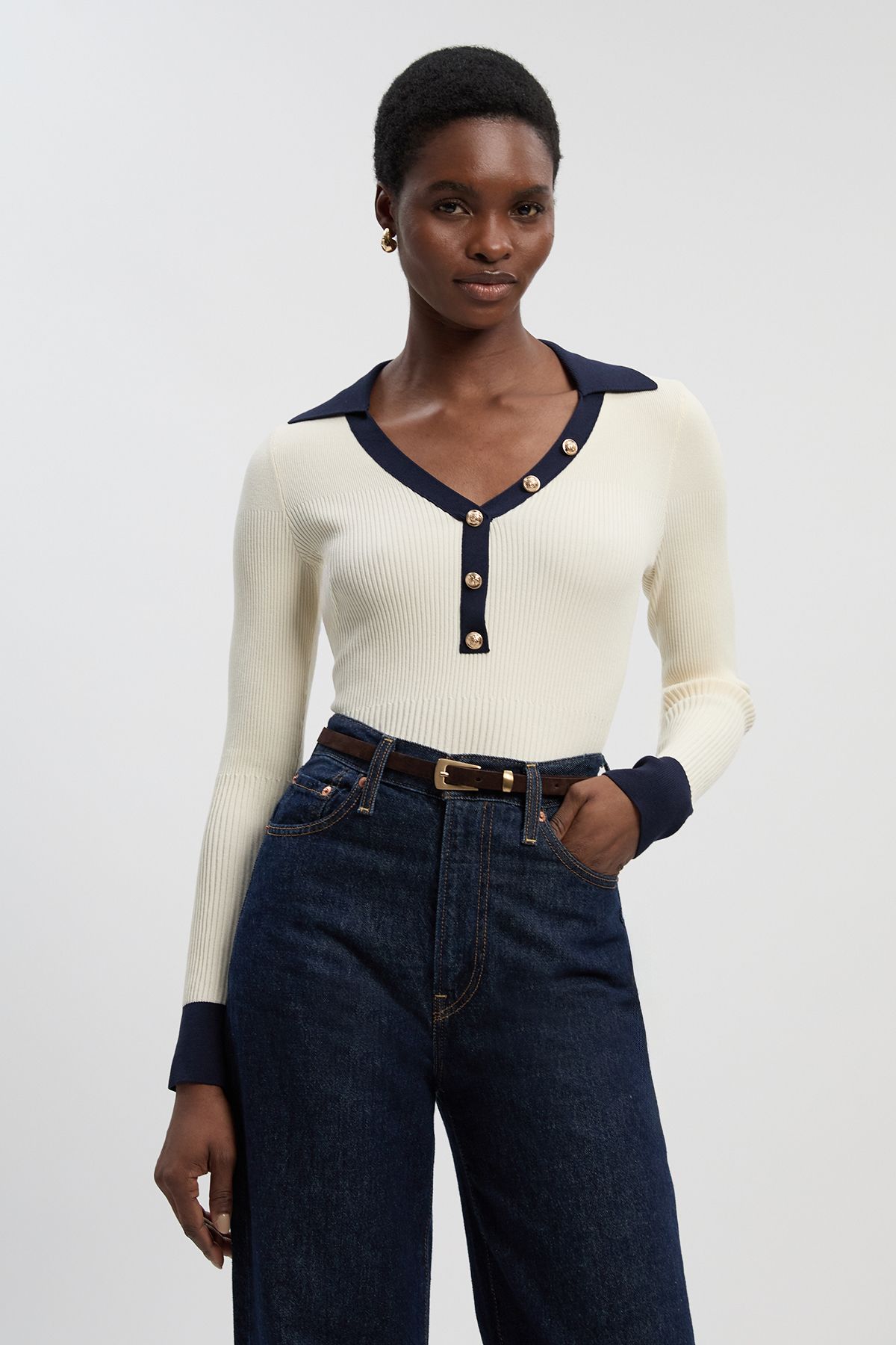 KarenMillen Knit Rib With Contrast Hem Detail Collared Top