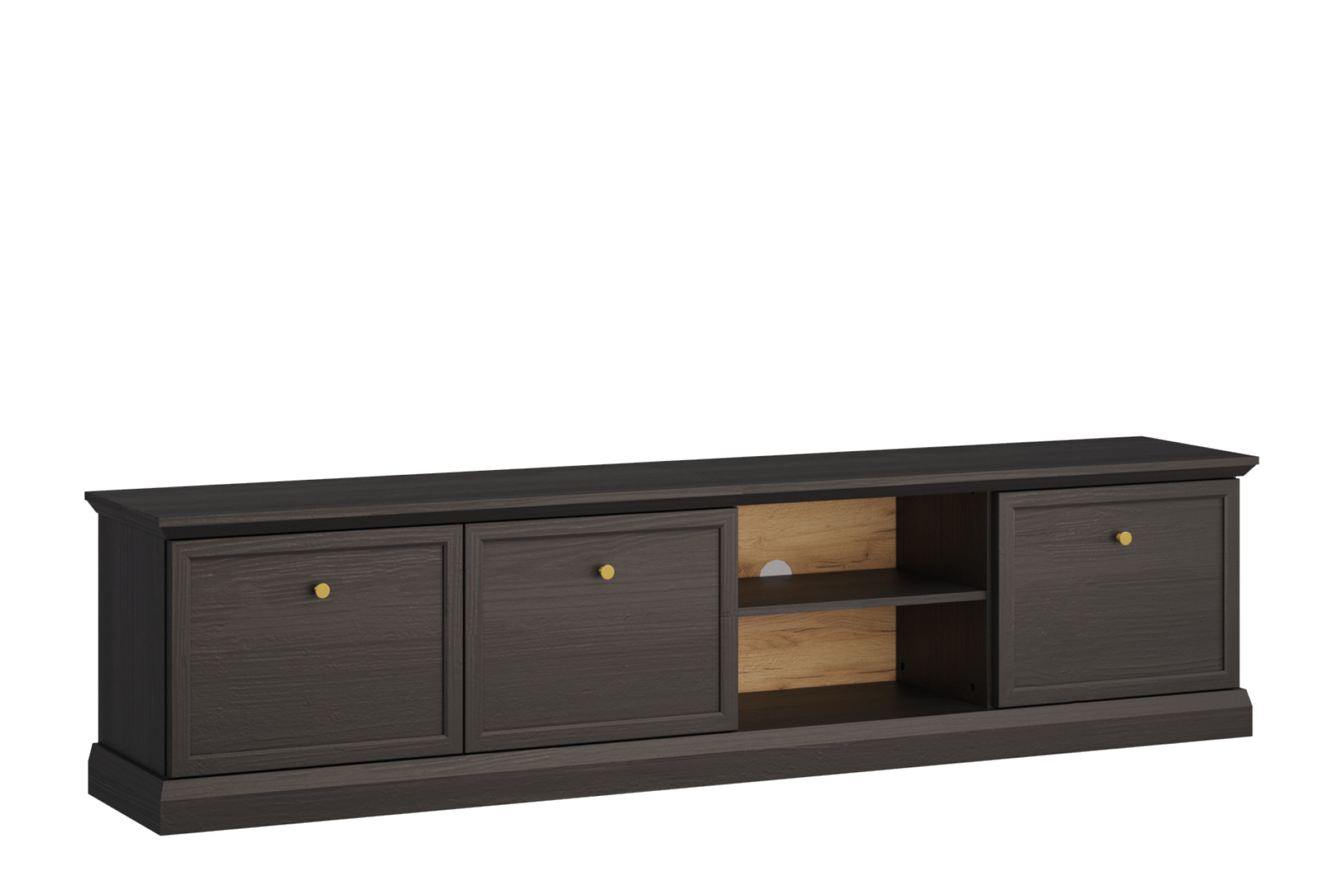 KONSIMO KATRIA Szafka RTV czarna, 3 szafki i 2 półki, szer. 206,2 cm