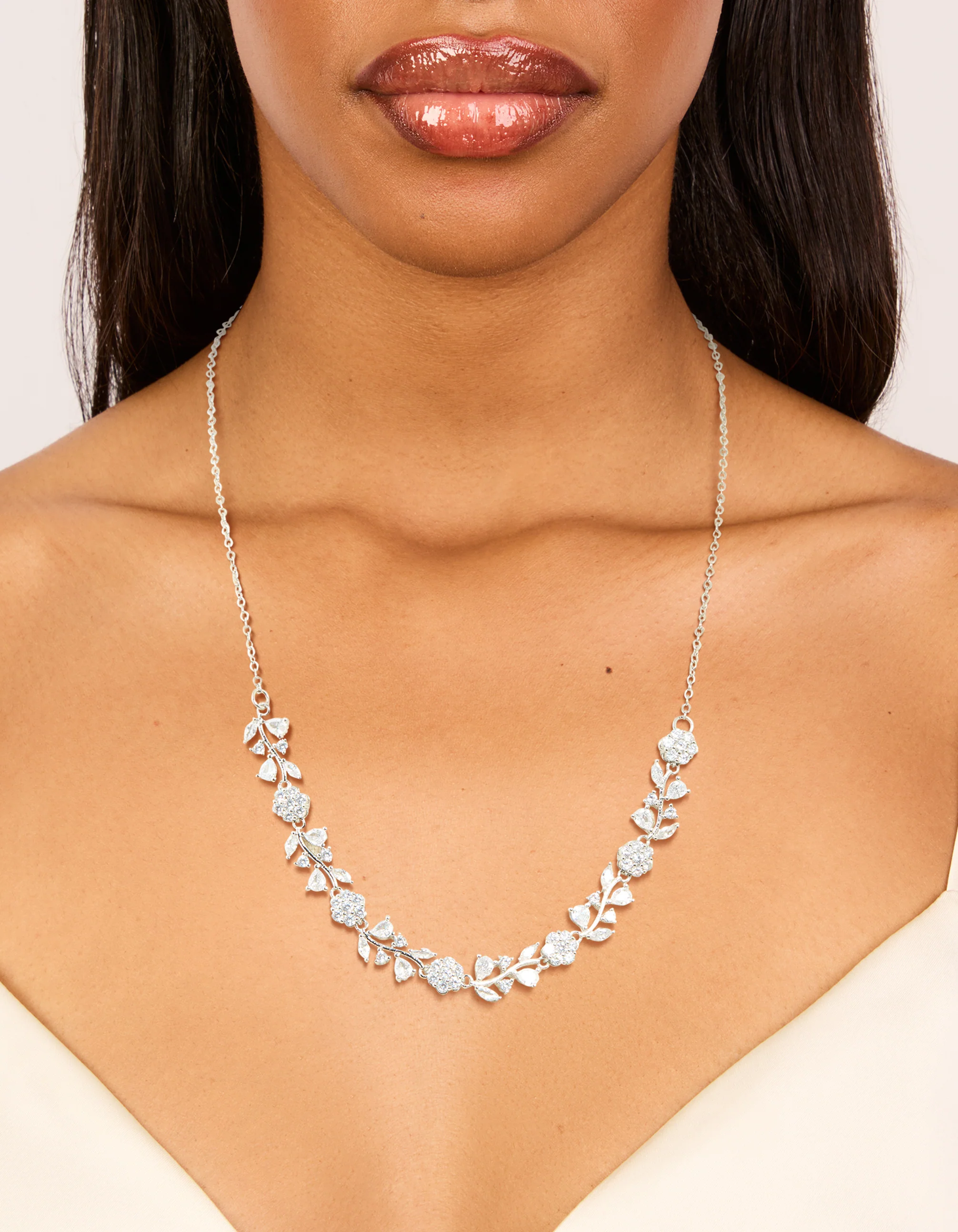Silver Cubic Zirconia Flower & Vine Necklace