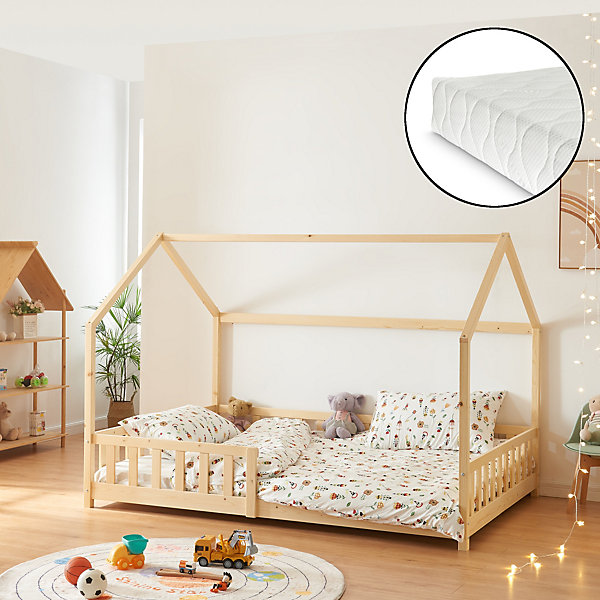 Lit cabane Hesel avec matelas à mousse froid 140 x 200 cm naturel en.casa