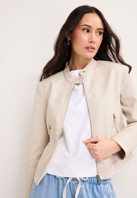 Womens Stone Faux Leather Biker Jacket