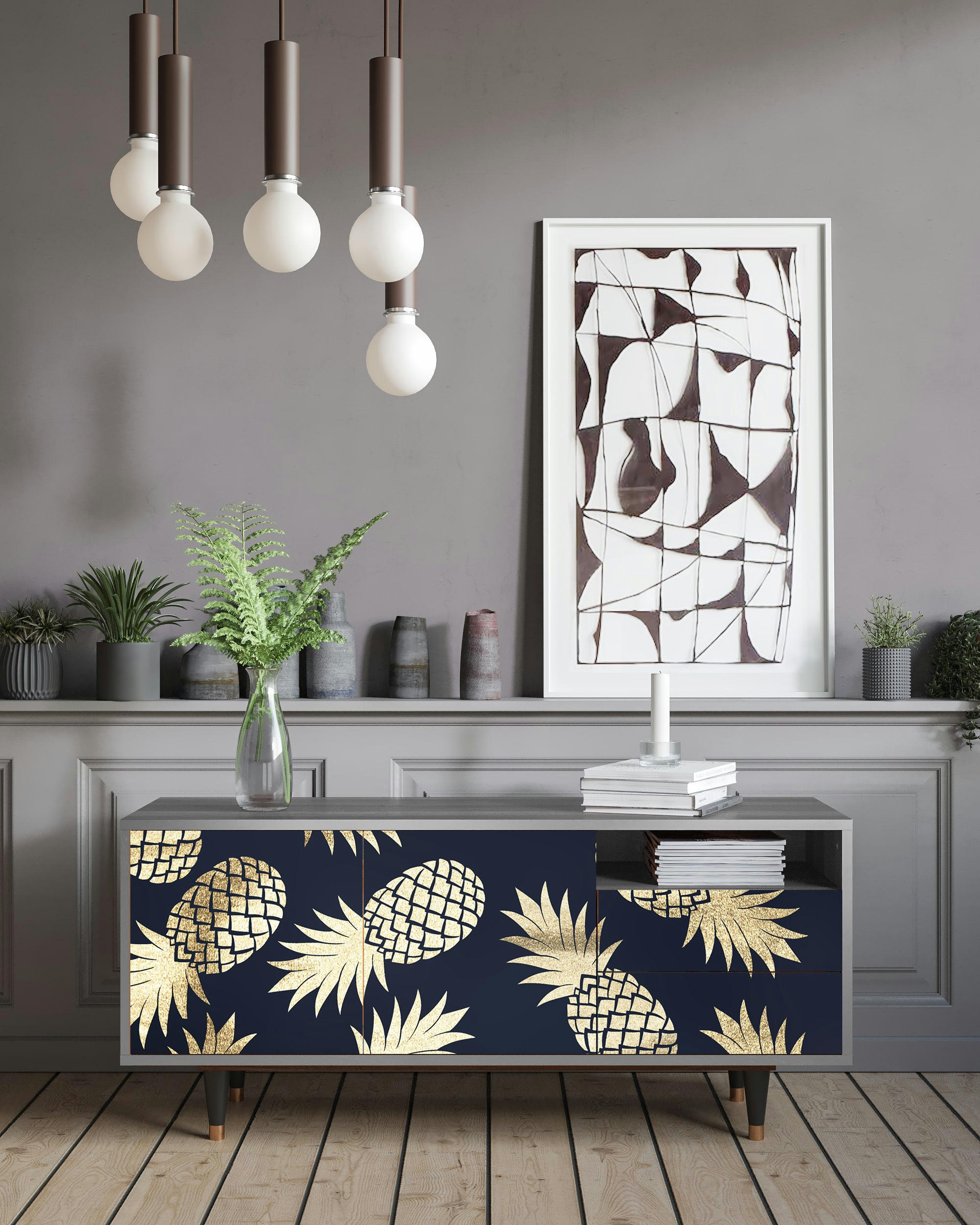 SUNNY PINEAPLE - Meuble TV  bleu et jaune 2 tiroirs et 2 portes L 125 cm