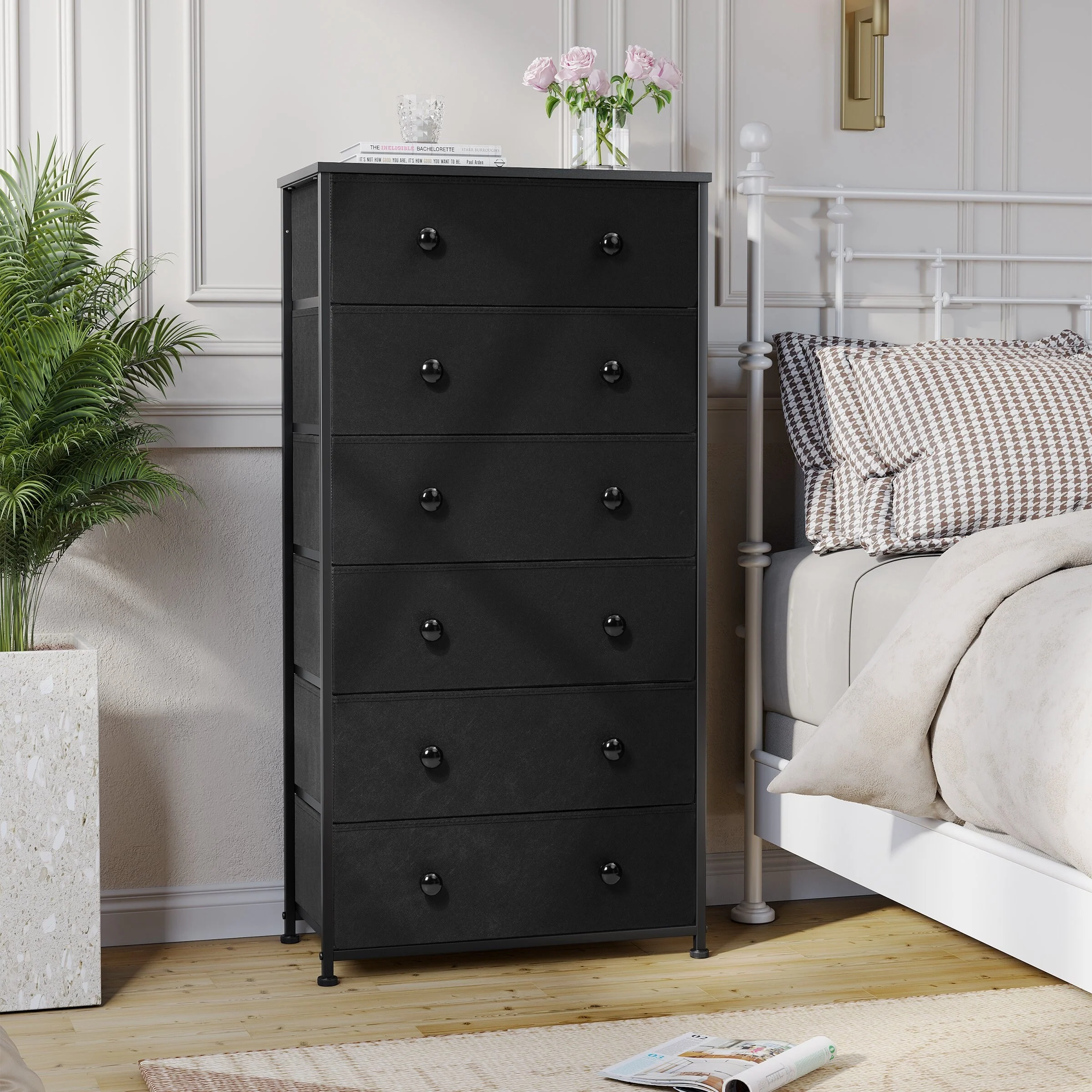6-Drawer Chest Tall Fabric Dresser for Bedroom Chest of Drawers Storage Organizer Unit with Fabric Bins