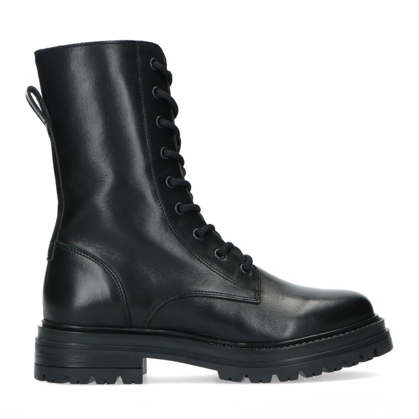 Manfield Zwarte leren biker boots met veters