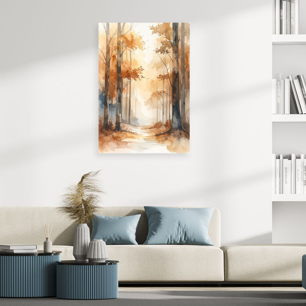 Obraz do salonu sypialni, Jesienny Beżowy Las Akwarelowy Leśny 20x30
