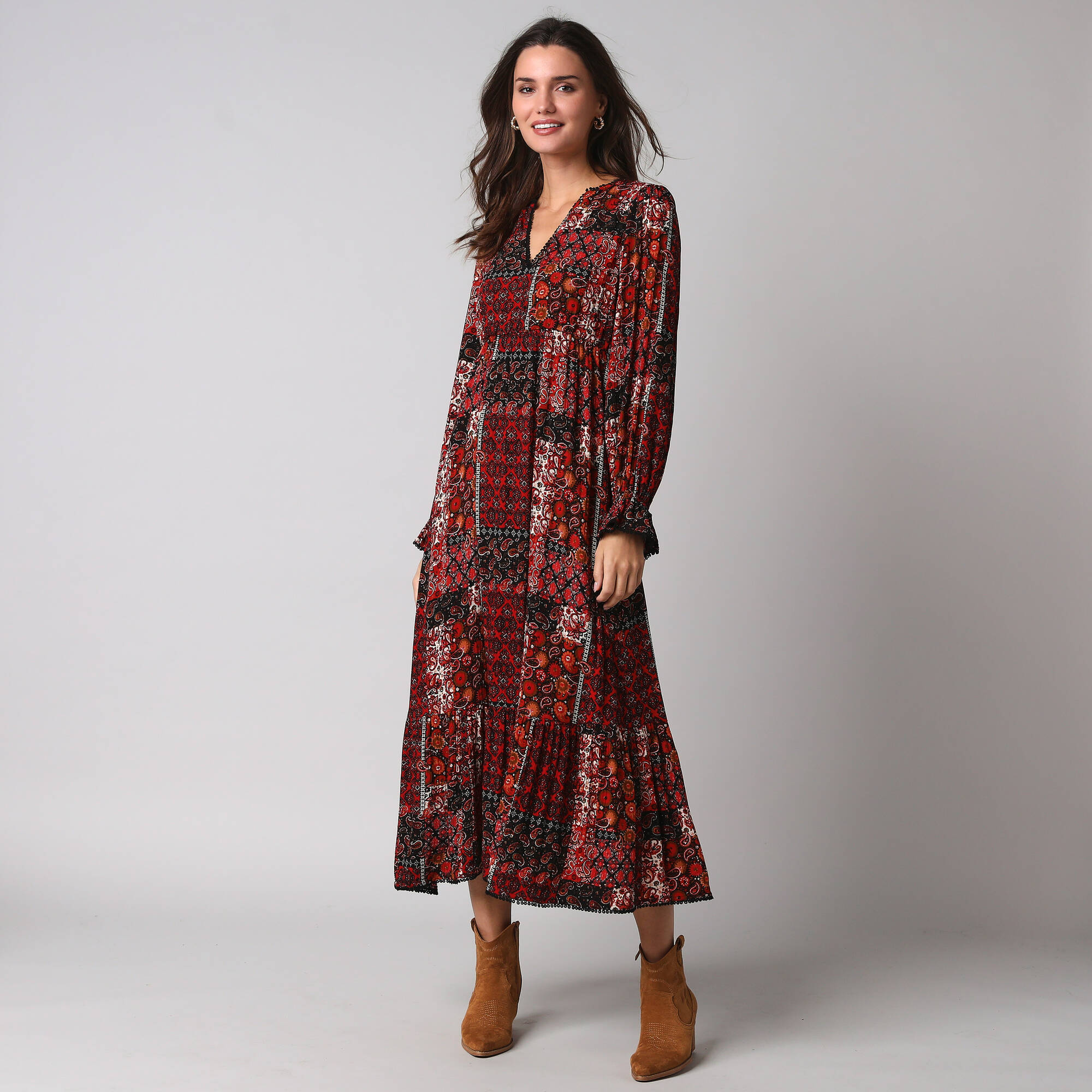 Robe longue bohème imprimé patchwork, en crépon