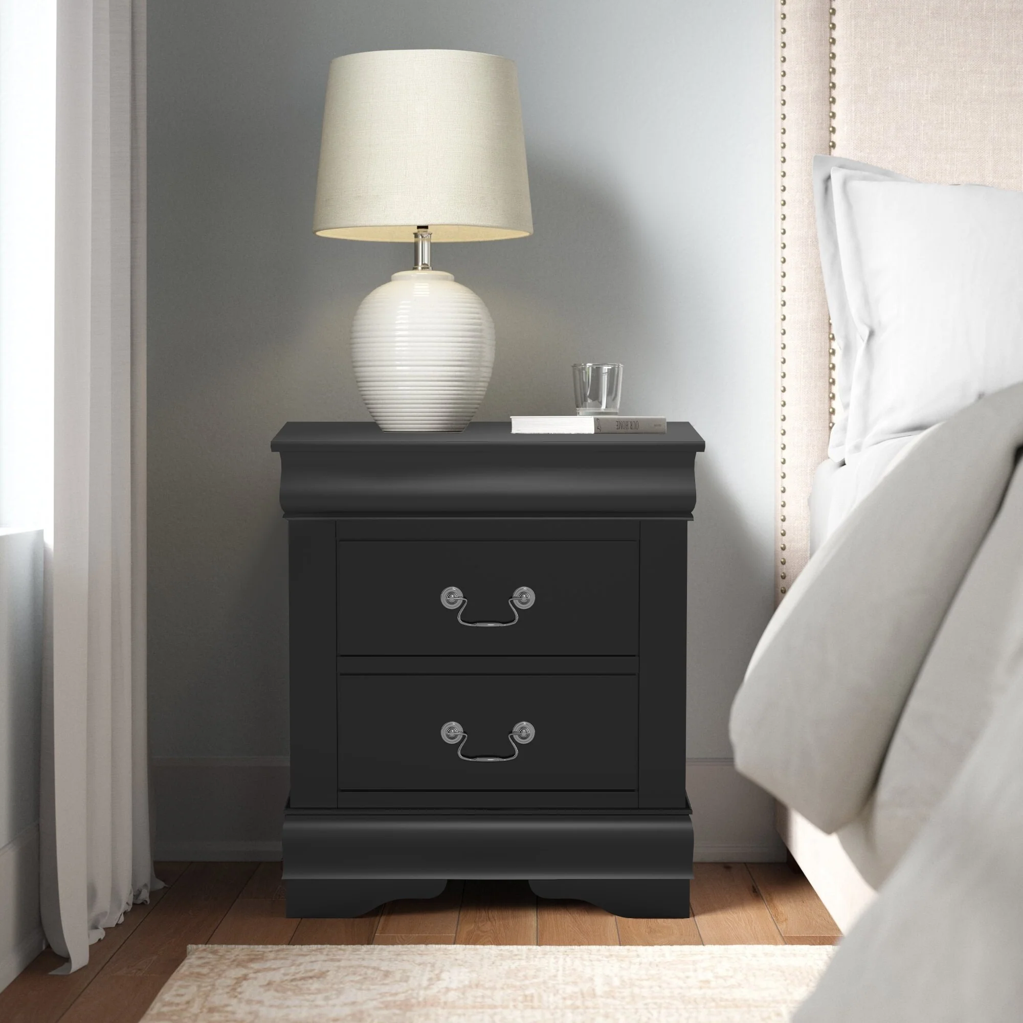Modern Black Solid Wood 2-Drawer Nightstand Bed Side Table