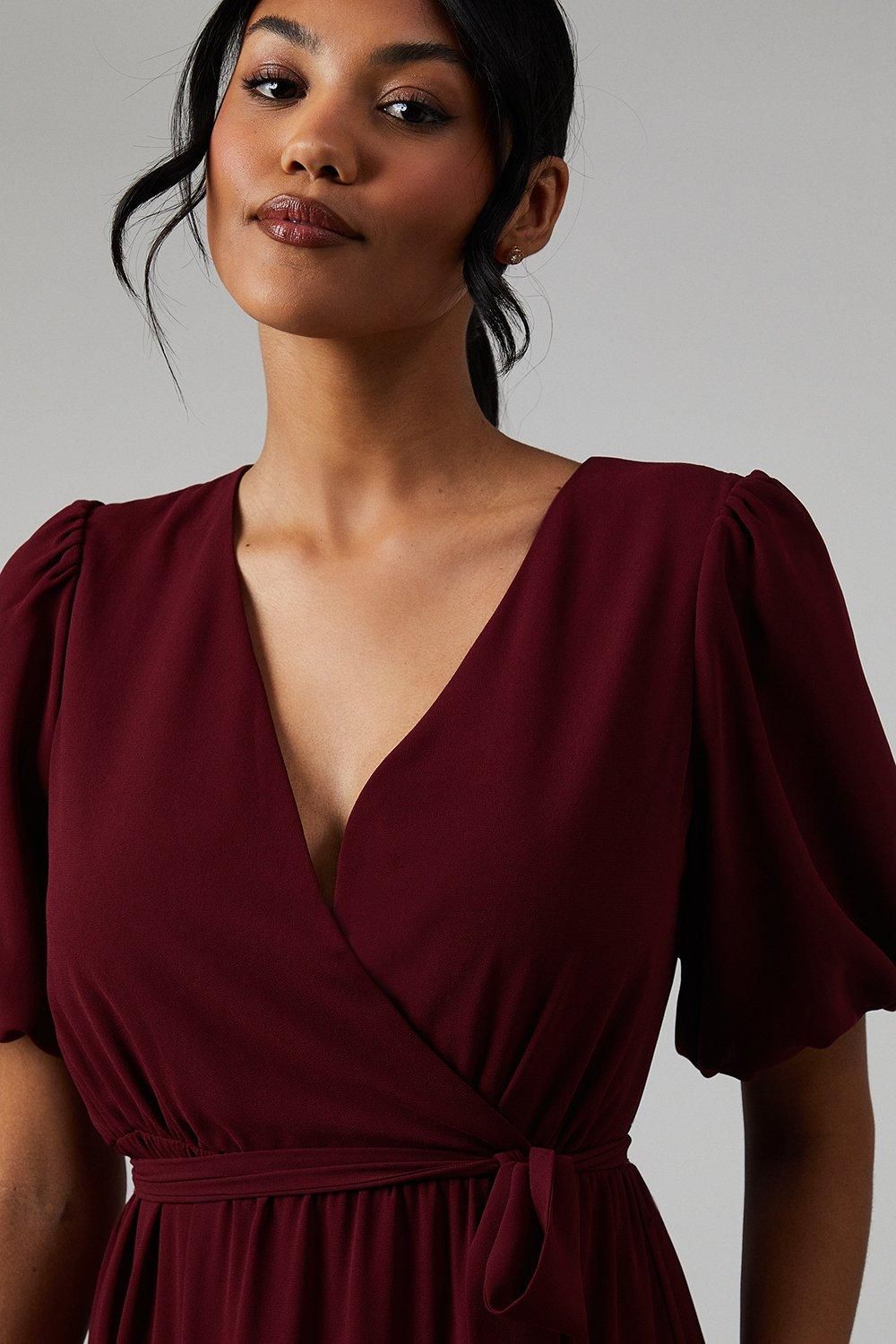 Oasis V Neck Puff Sleeve Tiered Georgette Bridesmaid Dress