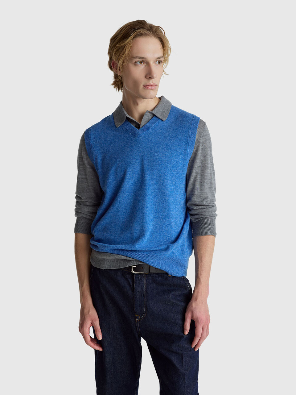 Marl blue vest in pure Merino wool