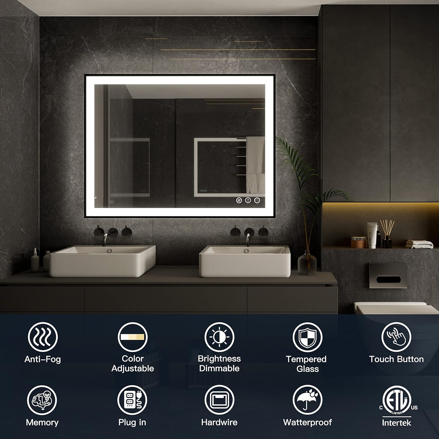 ISKM Framed LED Mirror for Bathroom 40x36, Dimmable LED Bathroom Mirror with Lights, Anti-Fog, Front and Backlit Lighted Mirror 3-Colors, Shatterproof, Memory Function