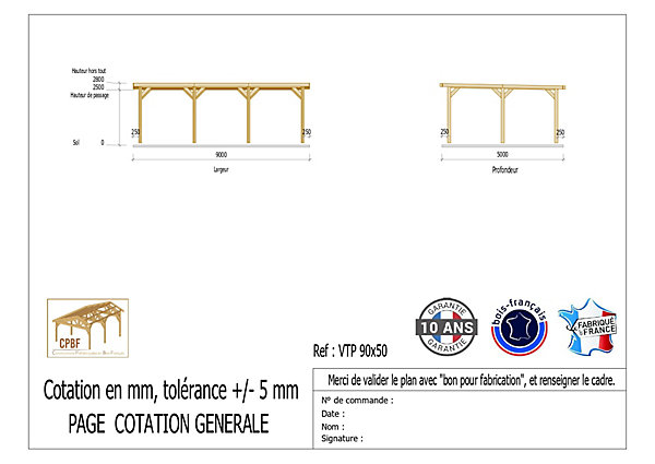 Carport toit plat, 900cmx500cm, bois DOUGLAS Français(Charpente en bois-auvent-abri voiture) 45 m². Garantie 10 ans