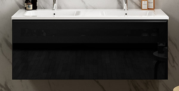 Meuble vasque suspendu noir mat et verre fumé l.120 cm   plan double vasque blanc brillant résine, Pura