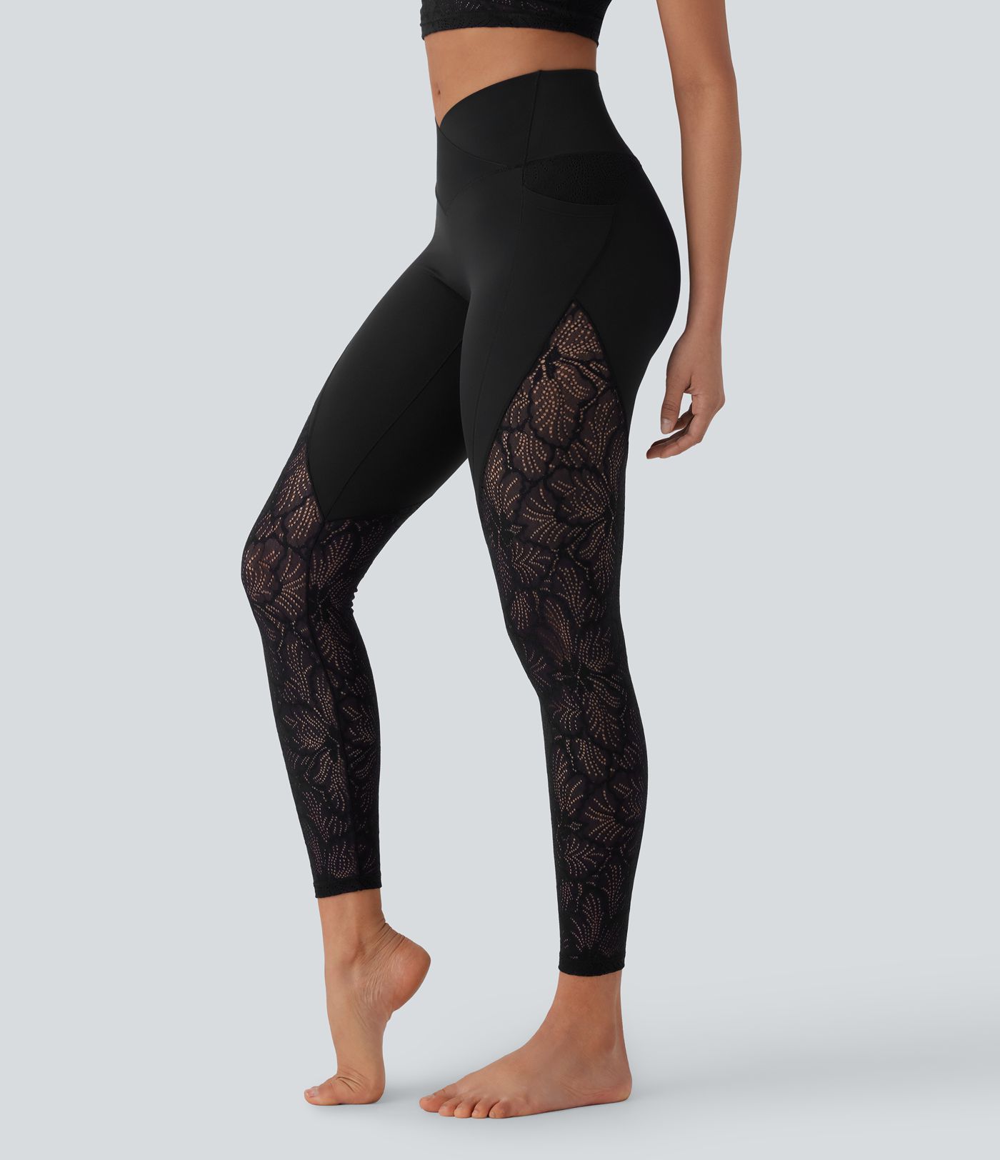 Legging de yoga 7/8 taille haute avec poches latérales, dos croisé et dentelle contrastante Softlyzero™-UPF50