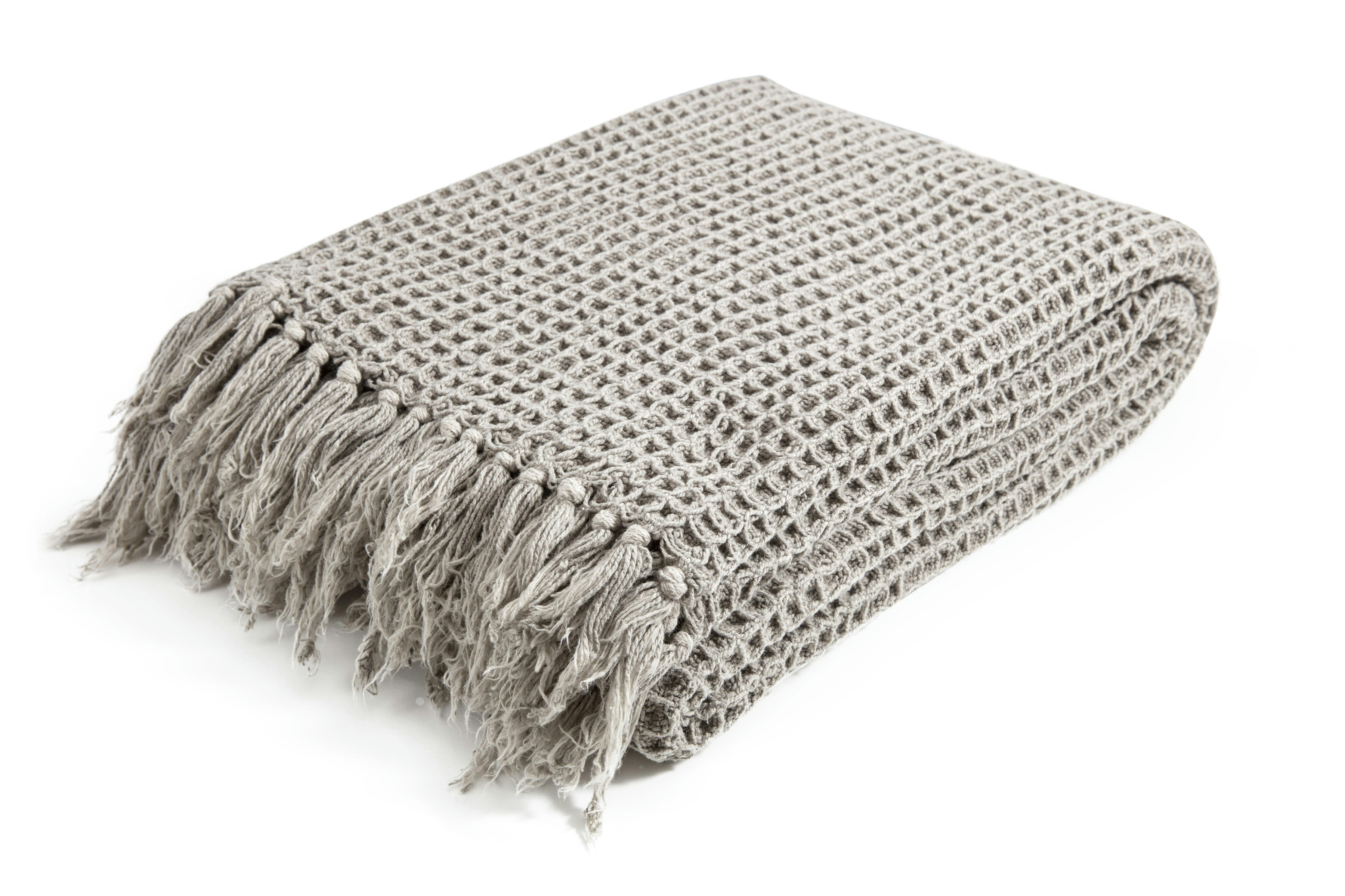 WAFFLE - Plaid en 100% coton lavé   à franges nouées taupe 170 x 130