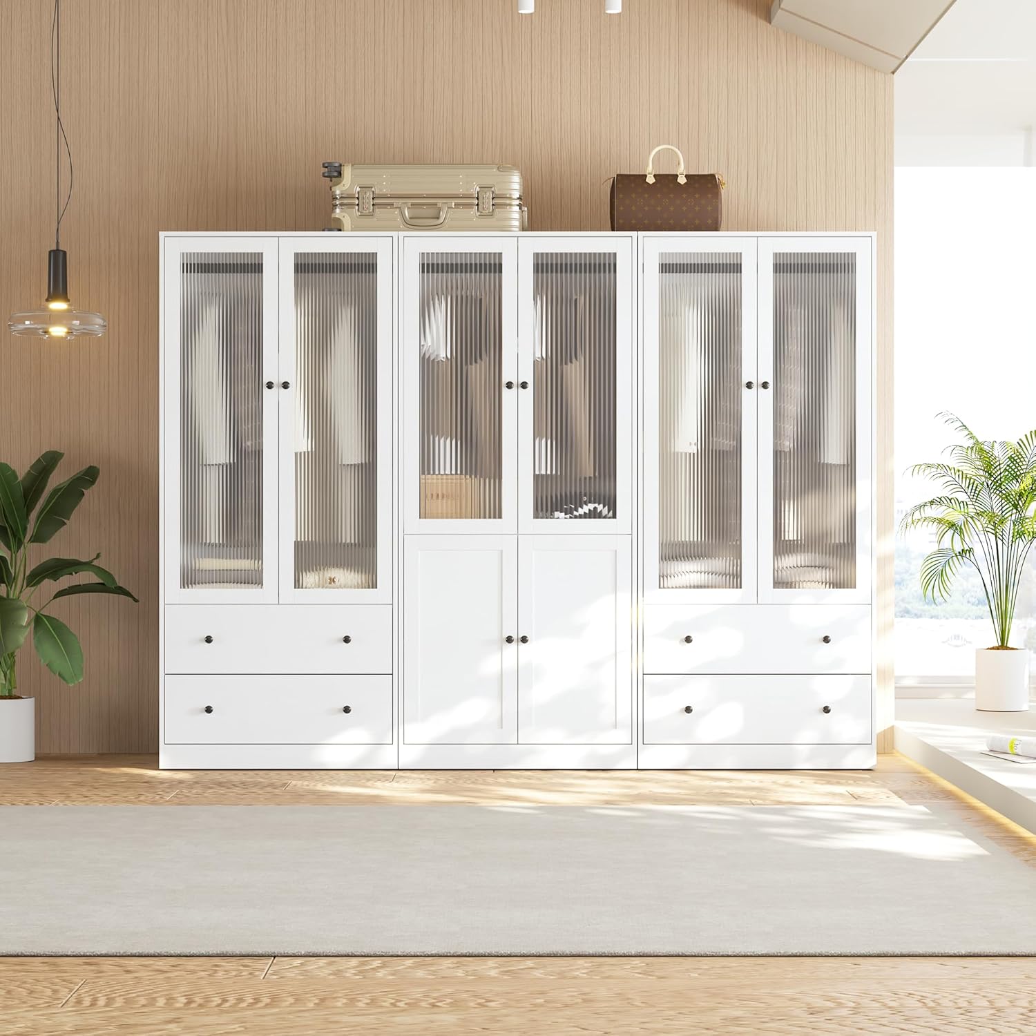 VOWNER 20“D Armoire Wardrobe Closet with Fluted Glass, 71 H Clothing Storage Cabinet with Hanging Rod, 4 Soft-Close Doors Wooden Wardrobe Cabinet for Bedroom, Large Capacity Storage White (AAC)