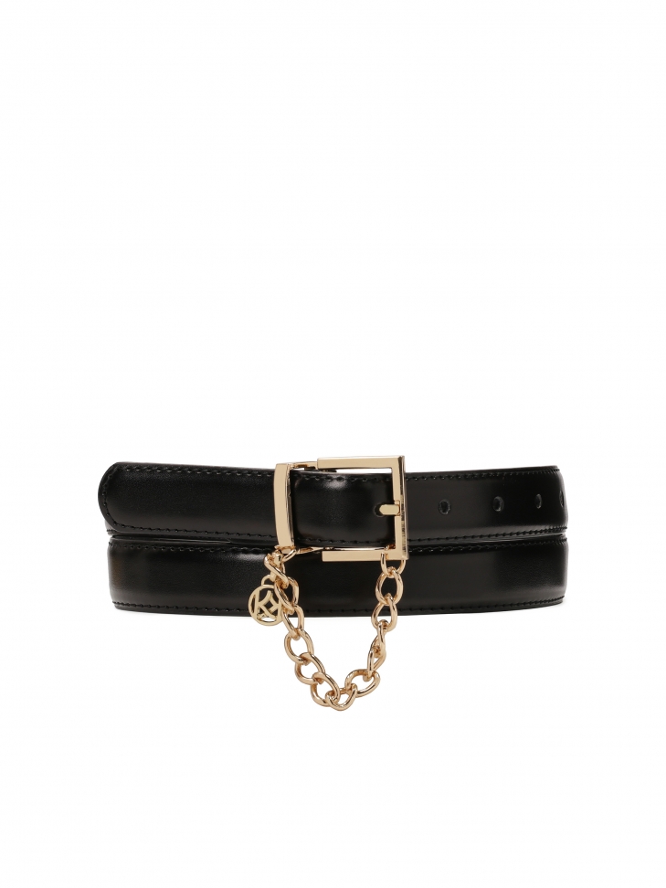 Narrow black leather belt with chain