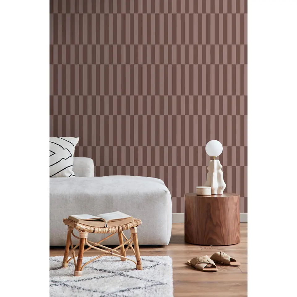 ESTAhome behang strepen bruin en mauve paars - 53 cm x 10.05 m