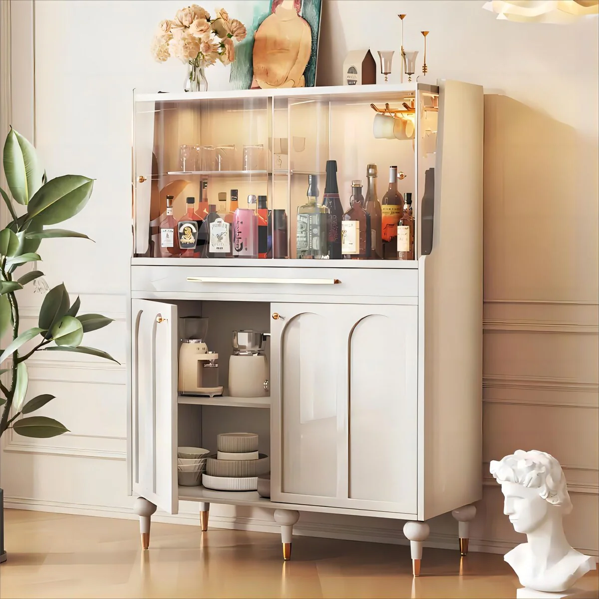 Kitchen Luxury Stainless Steel Legs Marbling Top Glass Storage Nordic Dining Sideboard Cabinet