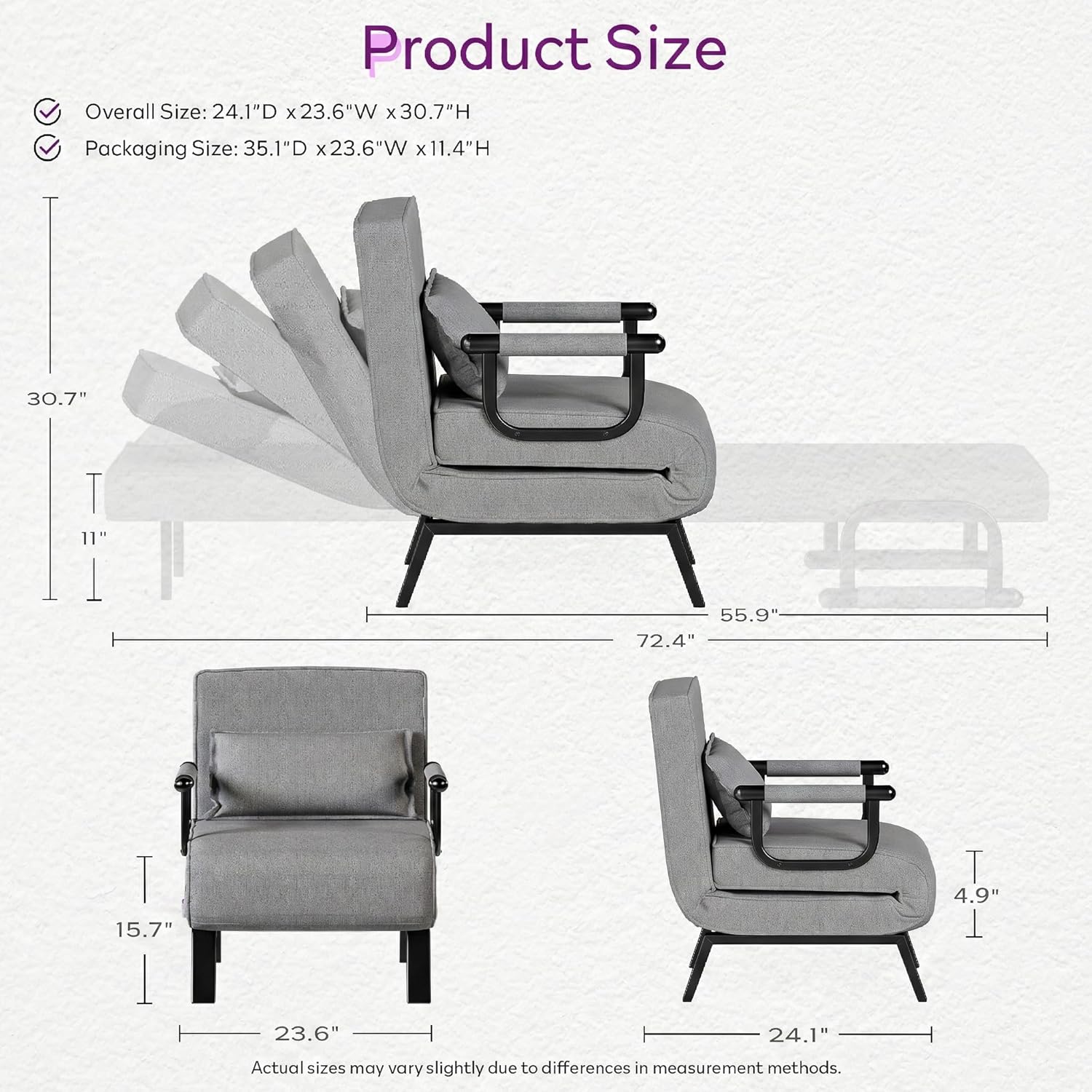 TYBOATLE Folding Chair Bed, Comfy Convertible Sleeper Sofa, 5 in 1 Folding Bed with 5-Position Adjustable Backrest & Pillow, Floor Single Chairs, Cozy Futon Chair for Small Spaces, Office (Light Grey)