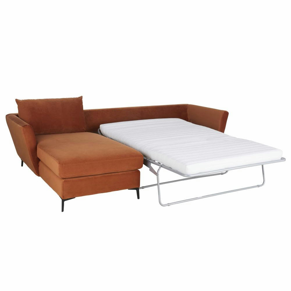 Prague - Canapé d'angle gauche convertible 2/3 places en velours orange écureuil, matelas 10 cm