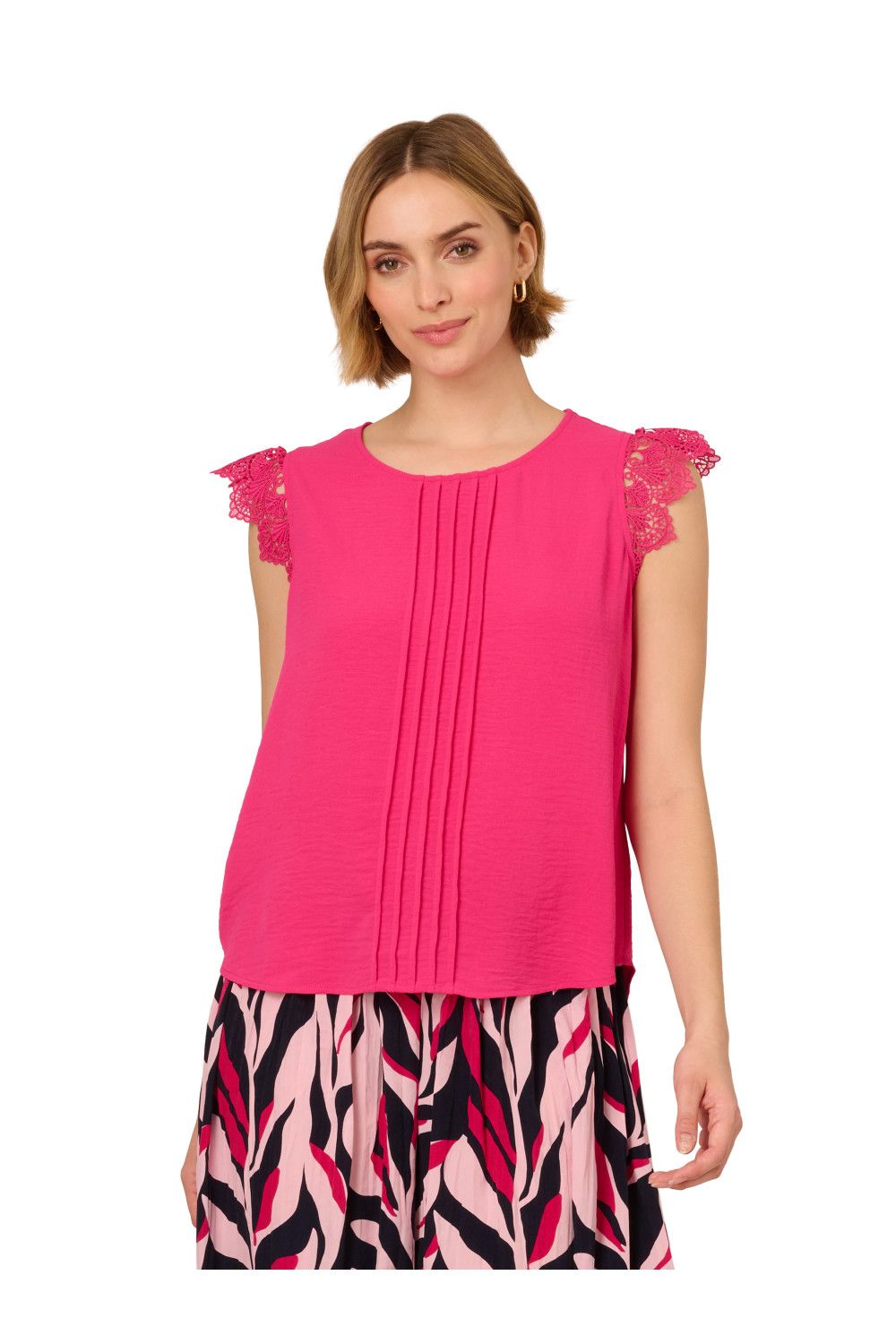 Adrianna Papell Crew Neck Pleated Airflow Woven Crochet Flutter Sleeve Top
