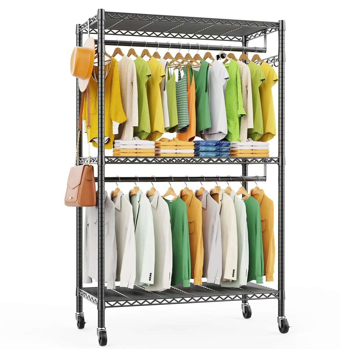 G1 Heavy Duty Clothes Rack, 3 Tiers Rolling Garment Rack for Hanging Clothes, Adjustable Wire Clothing Rack with Storage Shelves