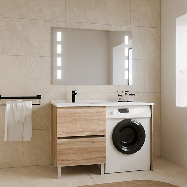 Meuble lave-linge IDEA, plan vasque déportée   Miroir Prestige Plus- Bois- Vasque à gauche